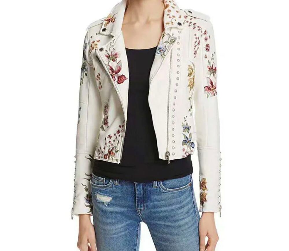 Blank NYC White Embroidered Floral Vegan Leather Moto Jacket Sz Med